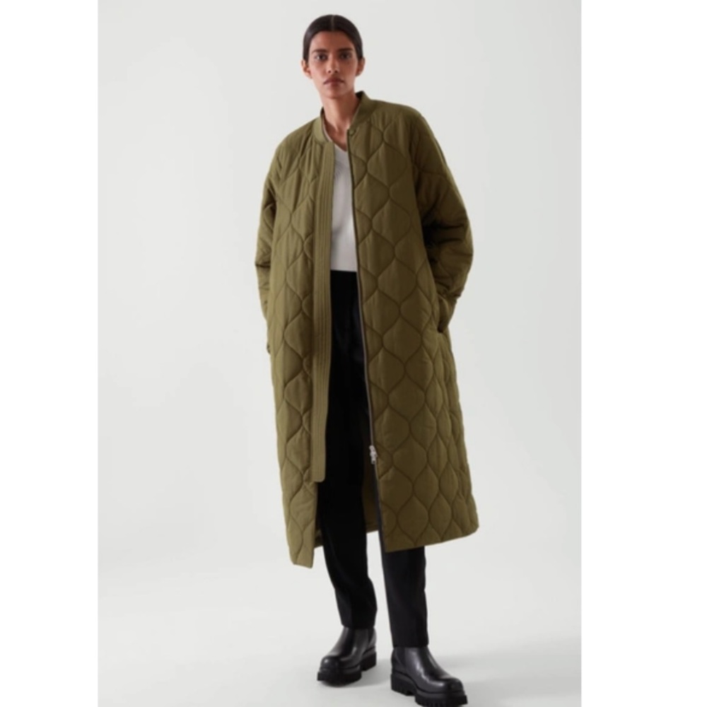 Cos Quilted Lightweight Long Coat In Khaki Green Size 6-8